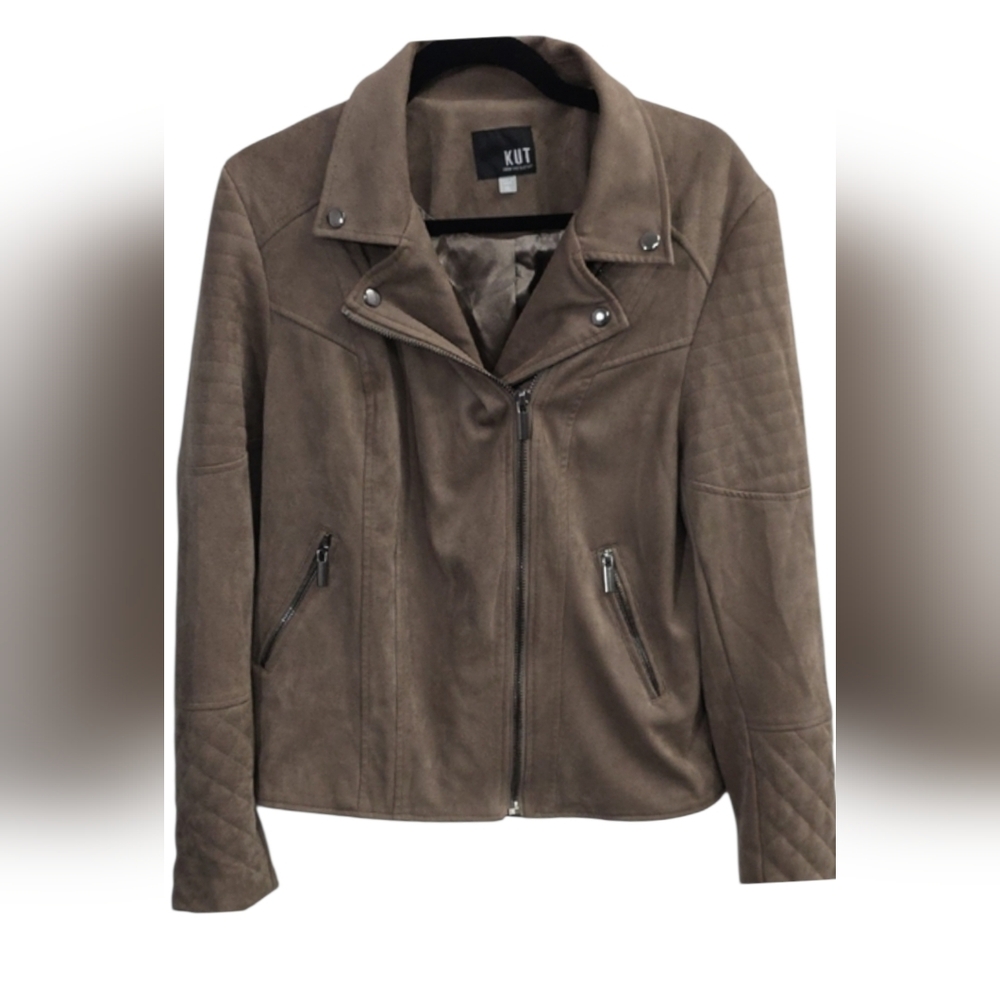 Kut from the Kloth Brown Faux Suede Quilted Moto Jacket Zip Up Women's XL